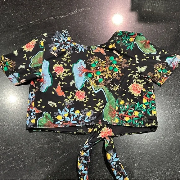 Free People HAH Swim Top Tie Closure Black Floral Butterfly Lemon Tree S - Picture 2 of 9